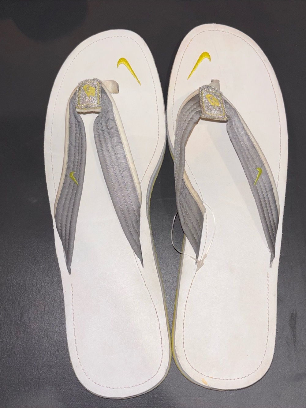 Nike Women’s White & Gray Thong Sandals with Yellow Swoosh